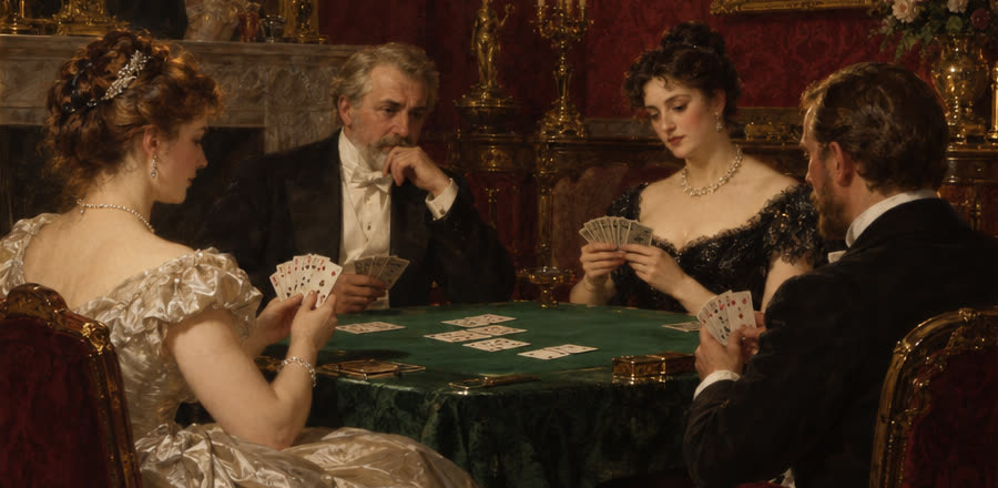 An oil painting: ladies and gentlemen in evening dress playing bridge in a candlelit salon